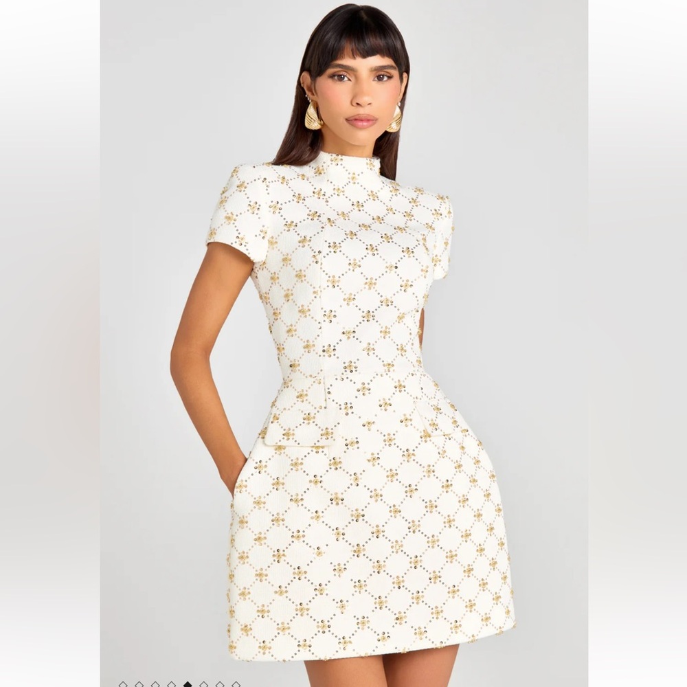 Nadine Merabi morgan ivory flare mini dress in gold beaded checkered